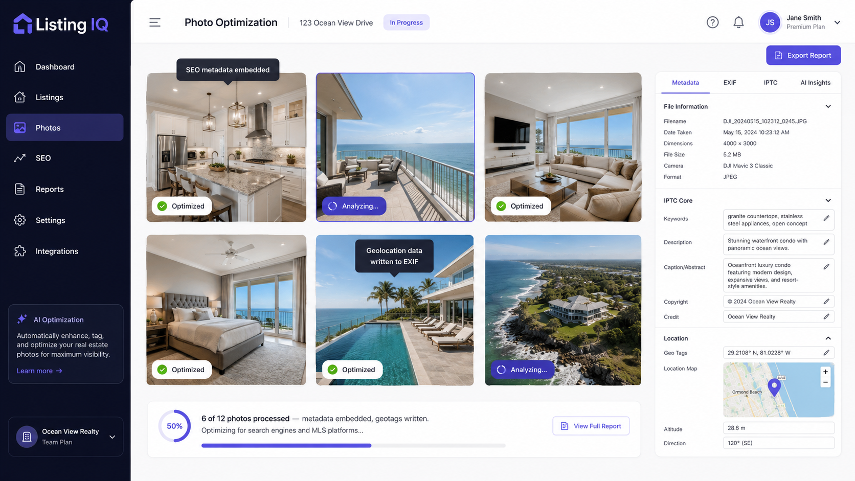 Listing IQ photo optimization dashboard showing AI-analyzed real estate photos with embedded EXIF metadata, IPTC keywords, and geotag coordinates